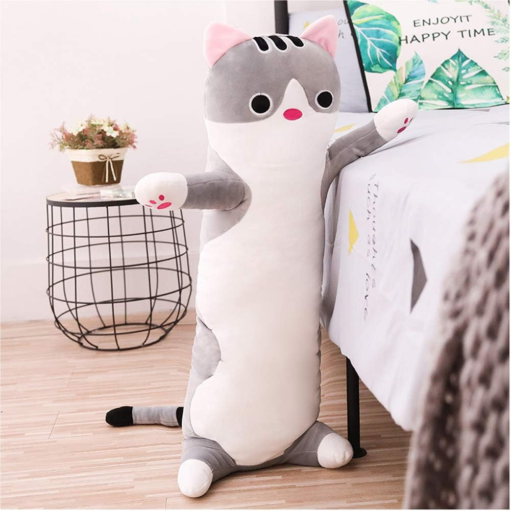 Long Cat Plush Pillow, Cat Stuffed Animals Body Pillow Cute Kitten Plush Hugging Pillow Toy Gifts for Kids (Gray, 19.68 Inch)